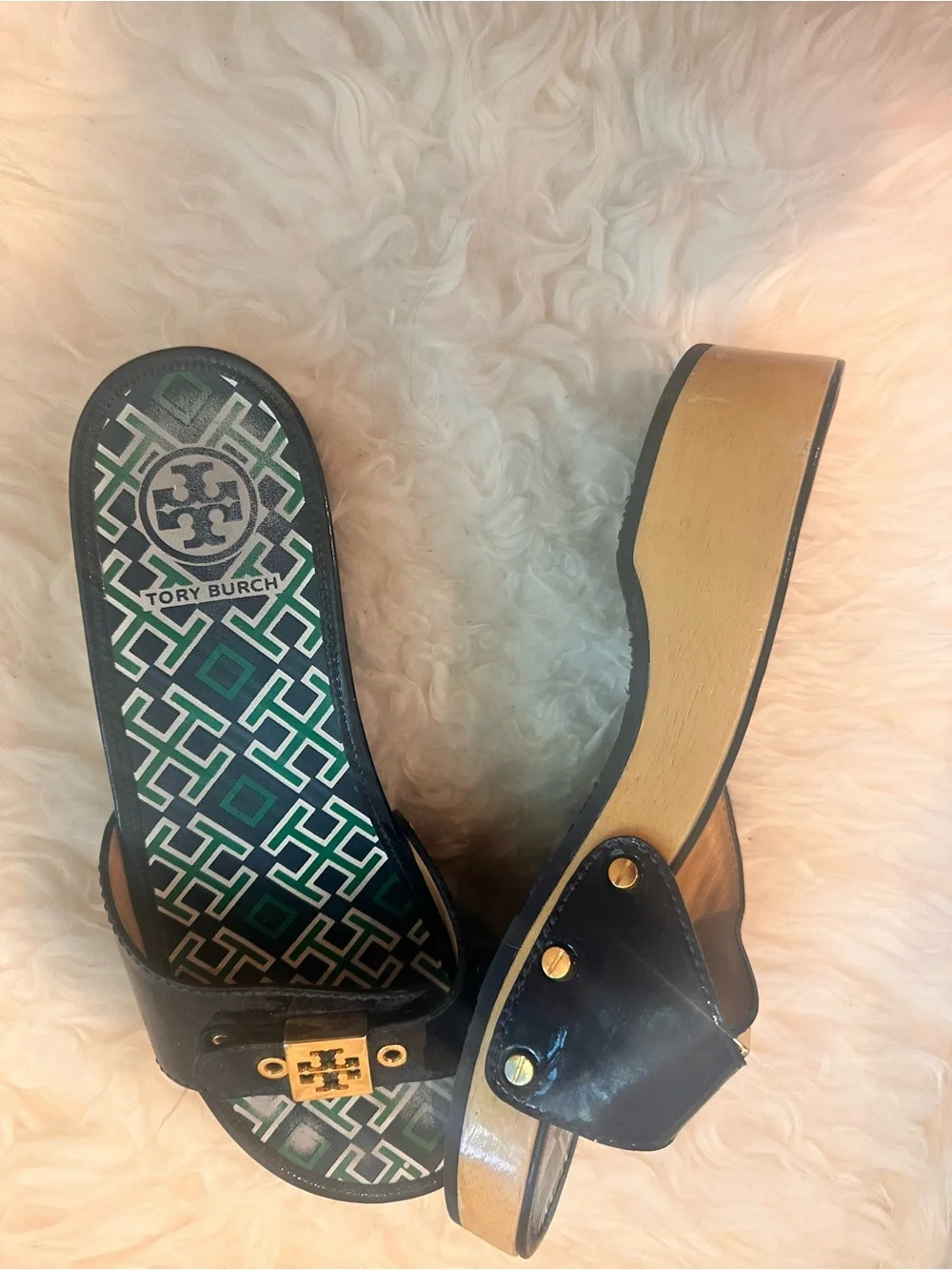 Tory Burch Navy and Green Platform Slide Sandals by Tory Burch